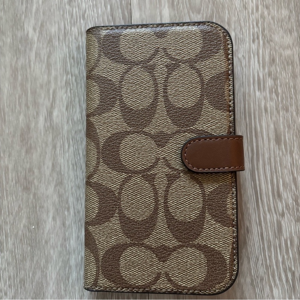 Coach Brown Folio Phone Case with Signature Pattern